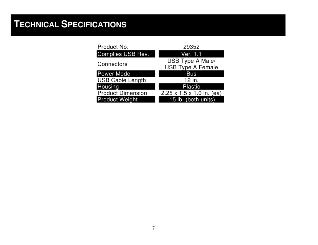 Cables to Go 29352 manual Technical Specifications 