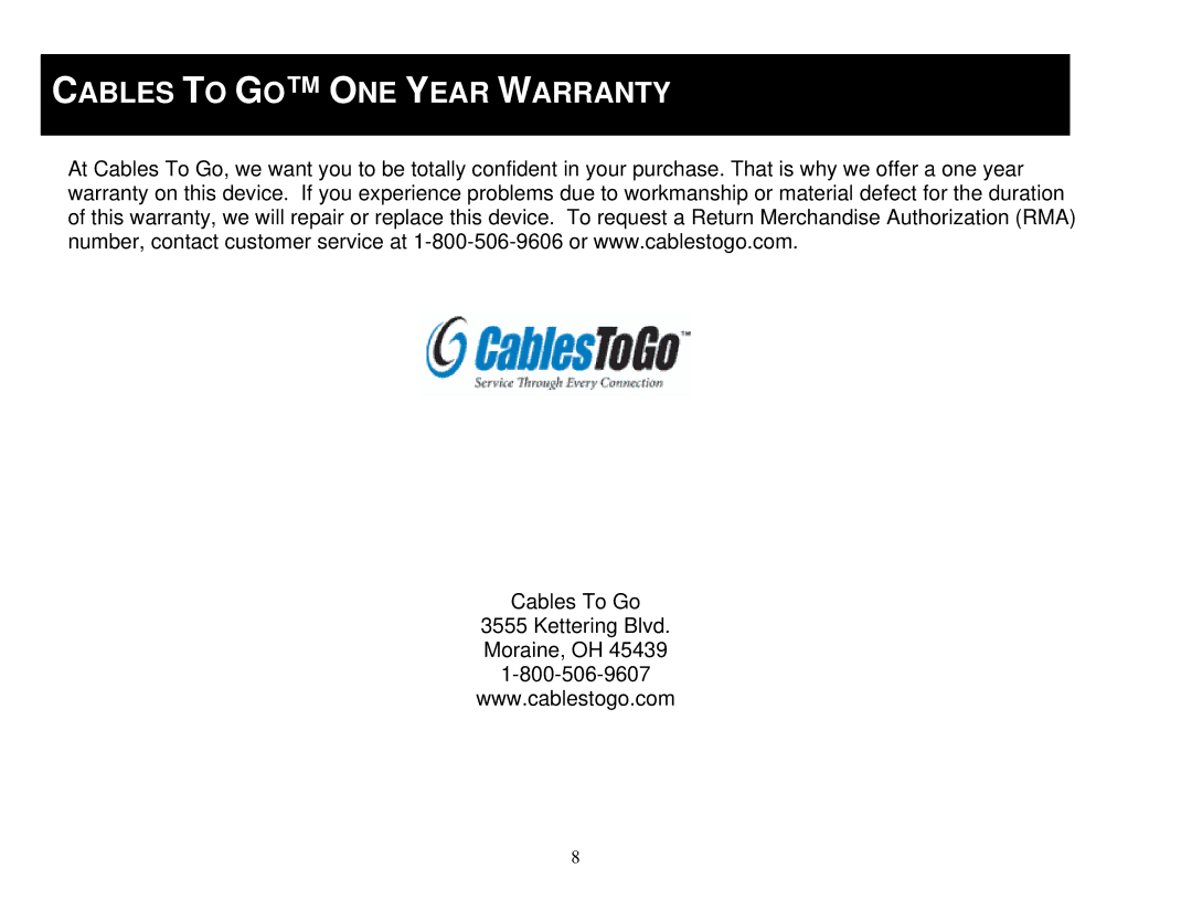 Cables to Go 29352 manual Cables to GO ONE Year Warranty 