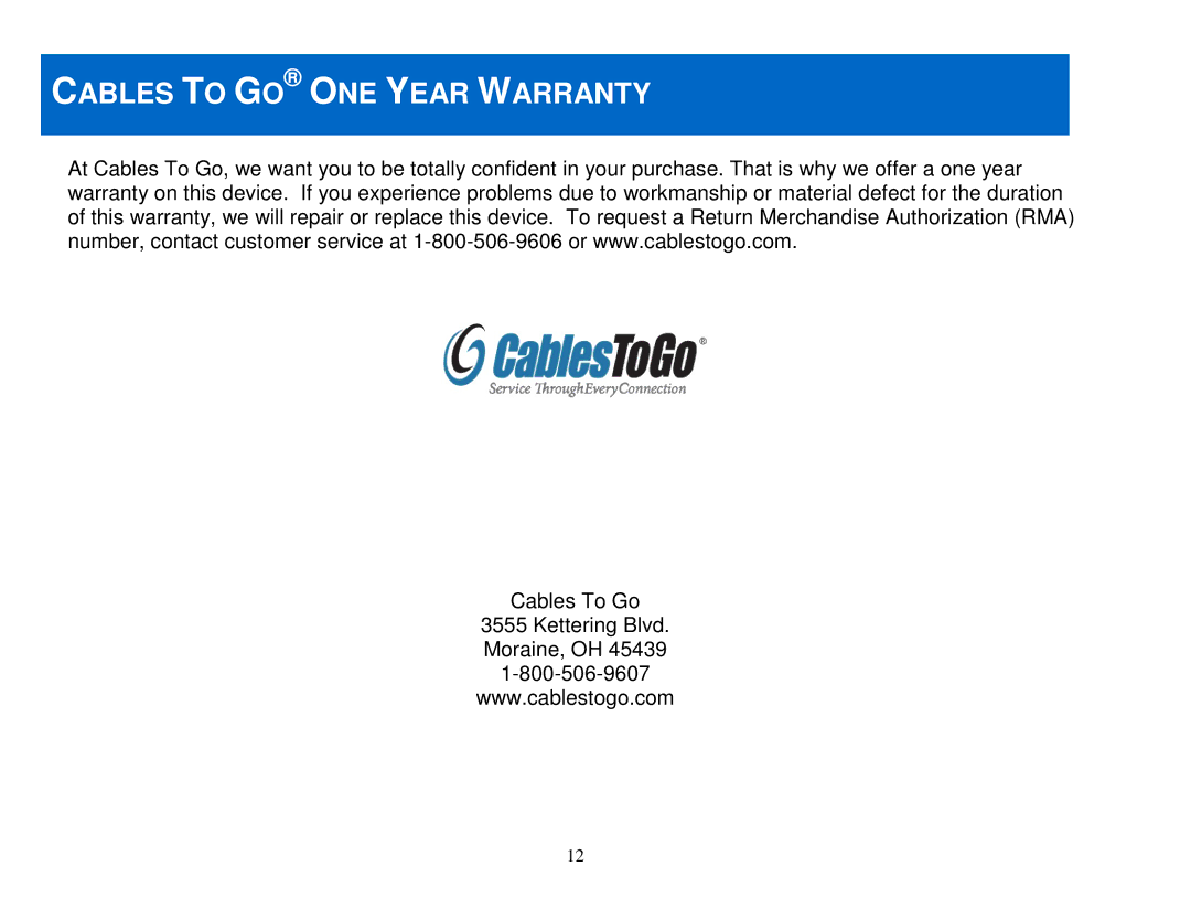 Cables to Go 29509, 29508 manual Cables to GO ONE Year Warranty 