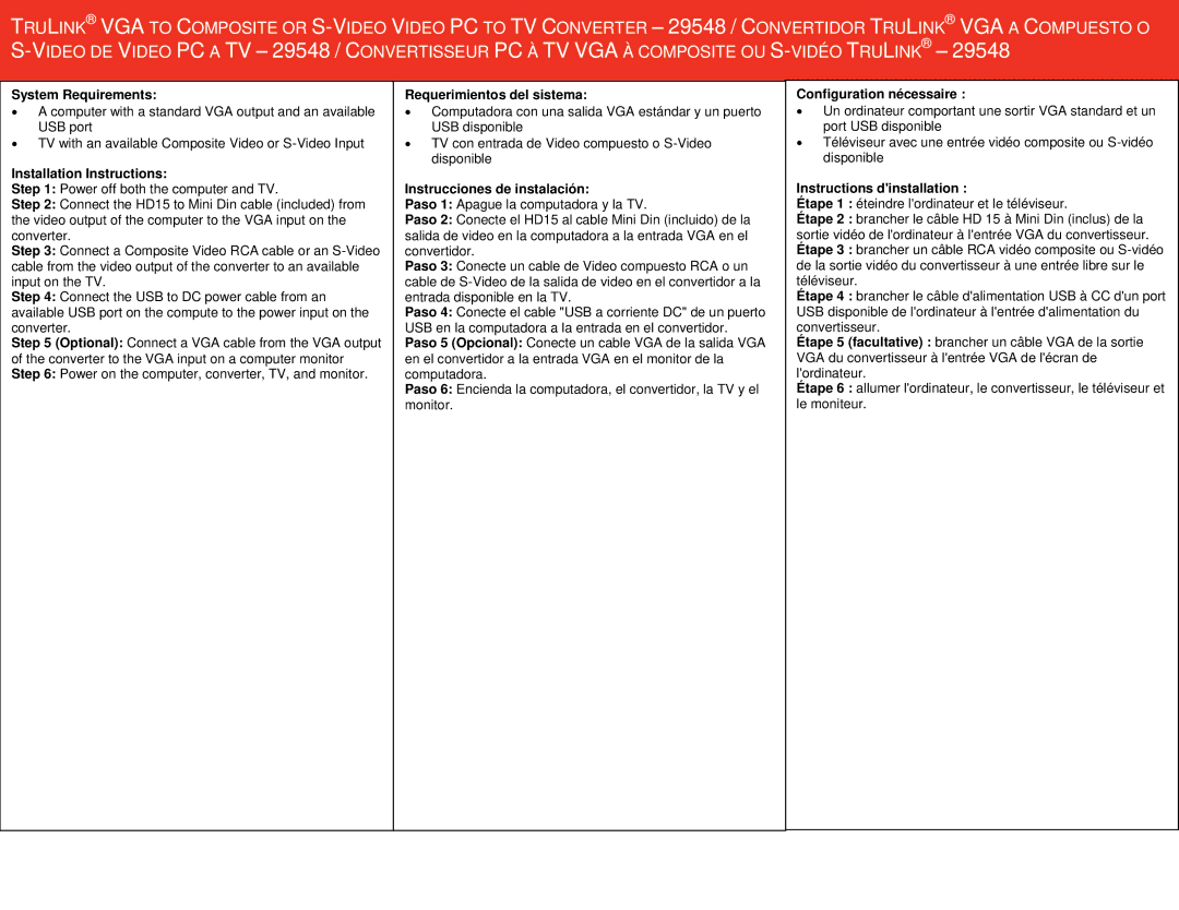 Cables to Go 29548 installation instructions System Requirements, Installation Instructions, Requerimientos del sistema 