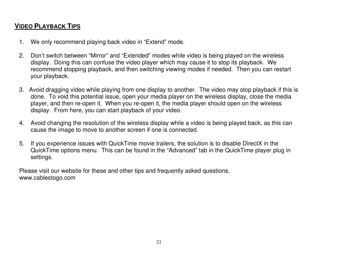 Cables to Go 29573 manual Video Playback Tips 
