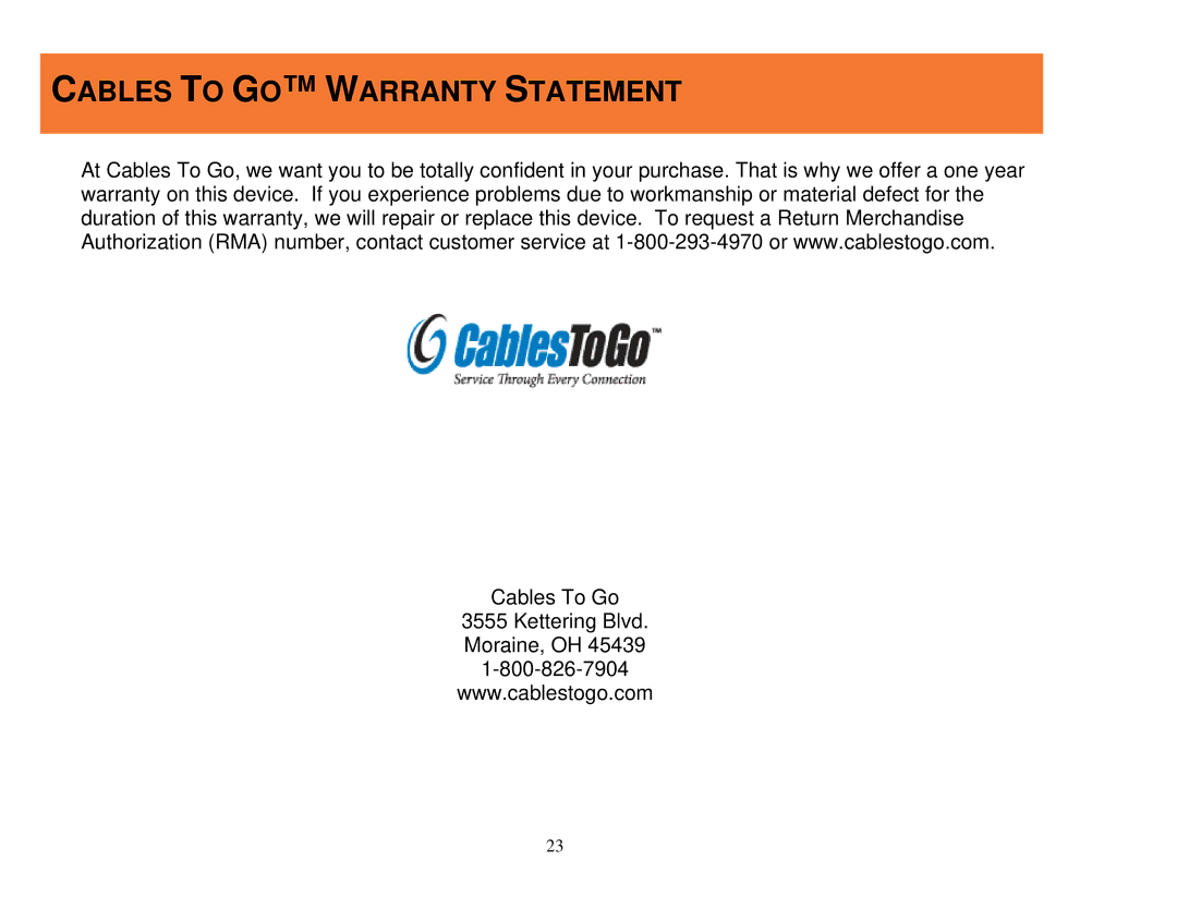 Cables to Go 29573 manual Cables to GO Warranty Statement 