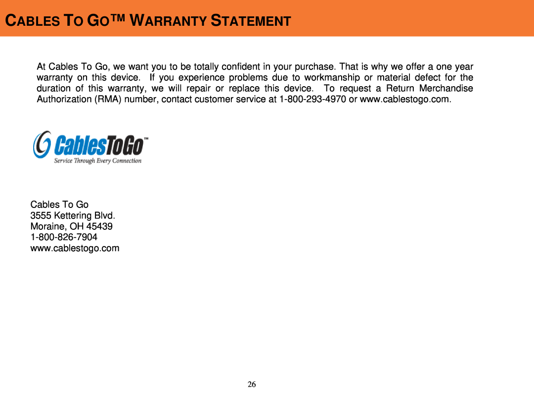 Cables to Go 29599 manual Cables To Go Warranty Statement 