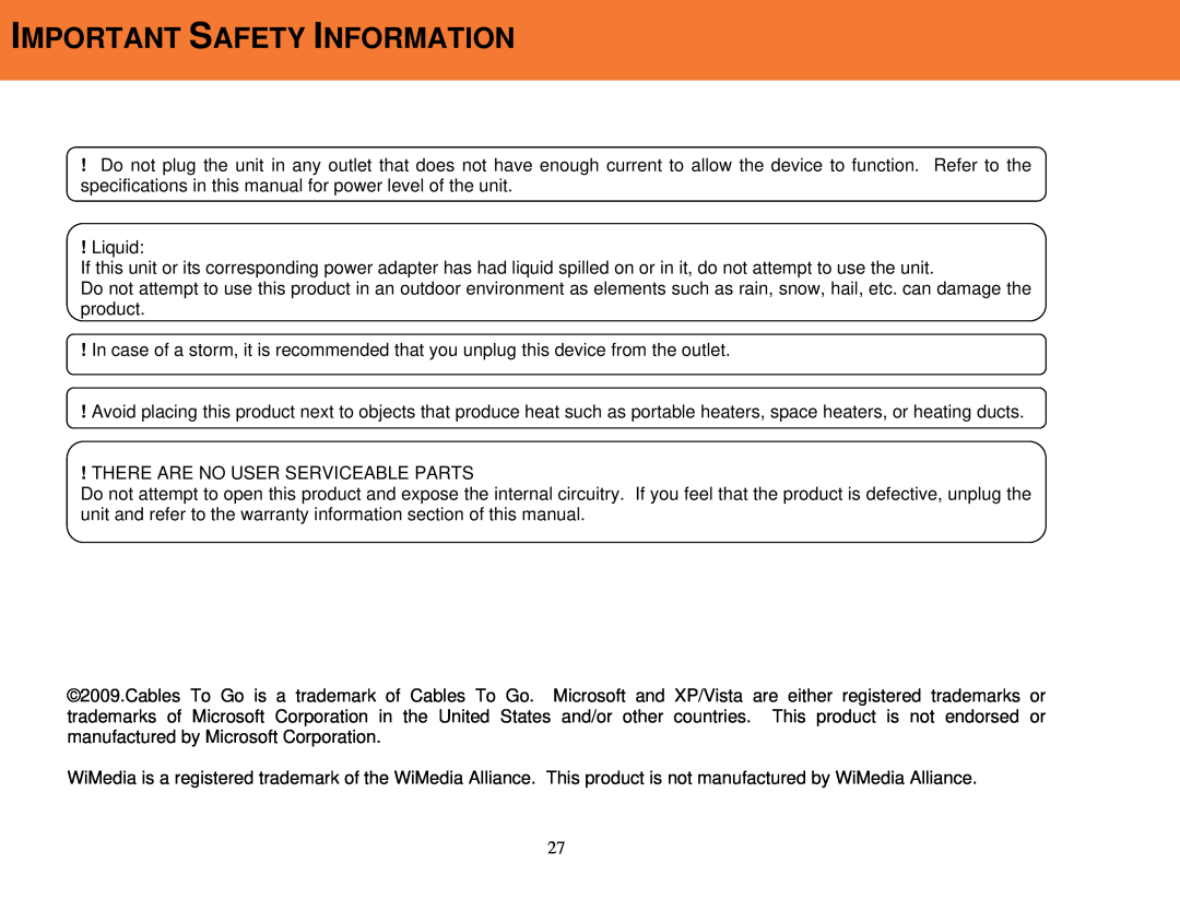 Cables to Go 29599 manual Important Safety Information 