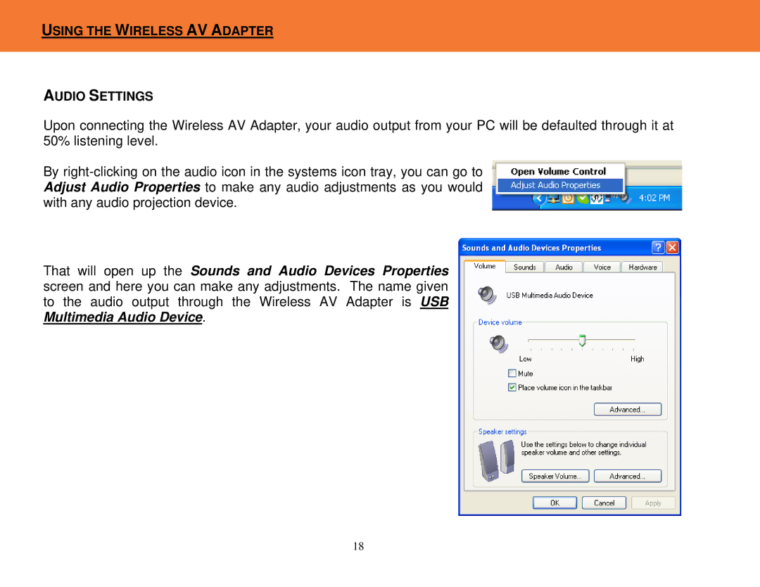 Cables to Go 29599 manual Using the Wireless AV Adapter Audio Settings 