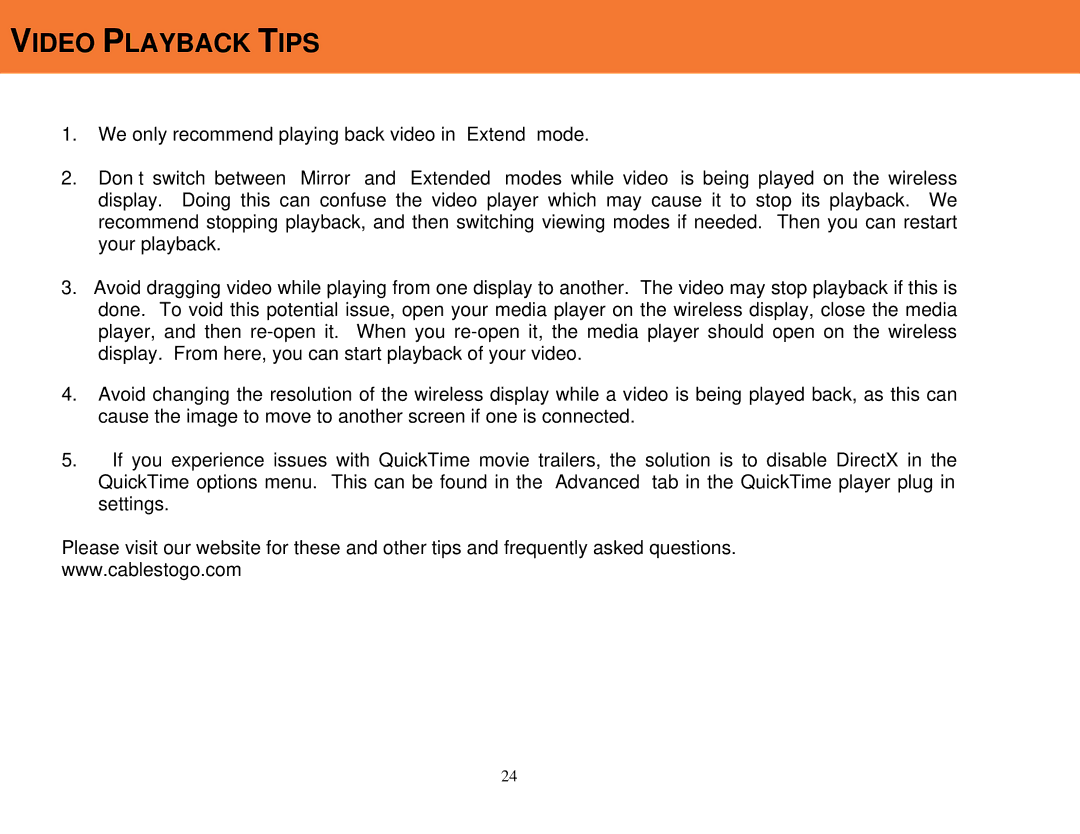 Cables to Go 29599 manual Video Playback Tips 
