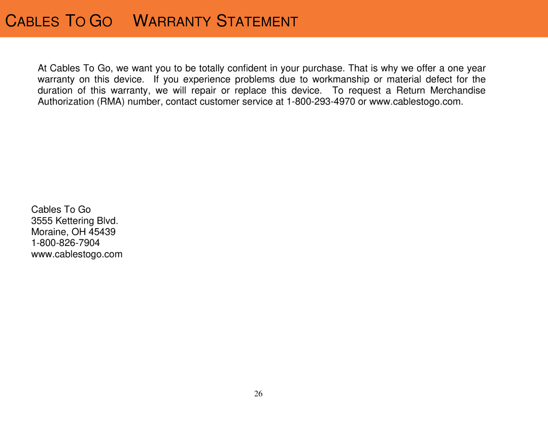 Cables to Go 29599 manual Cables to GO Warranty Statement 