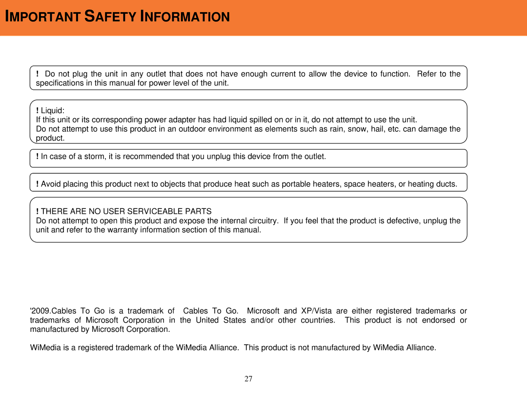 Cables to Go 29599 manual Important Safety Information, There are no User Serviceable Parts 