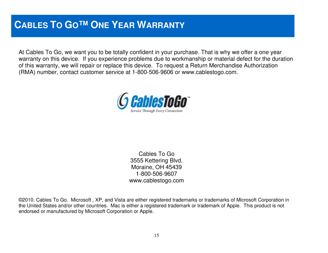 Cables to Go 29970 manual Cables to GO ONE Year Warranty, Cables To Go 