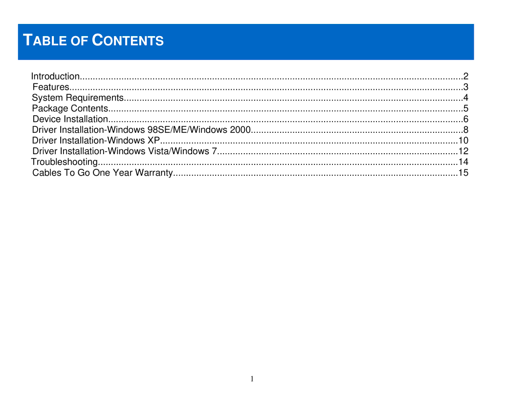 Cables to Go 29970 manual Table of Contents 