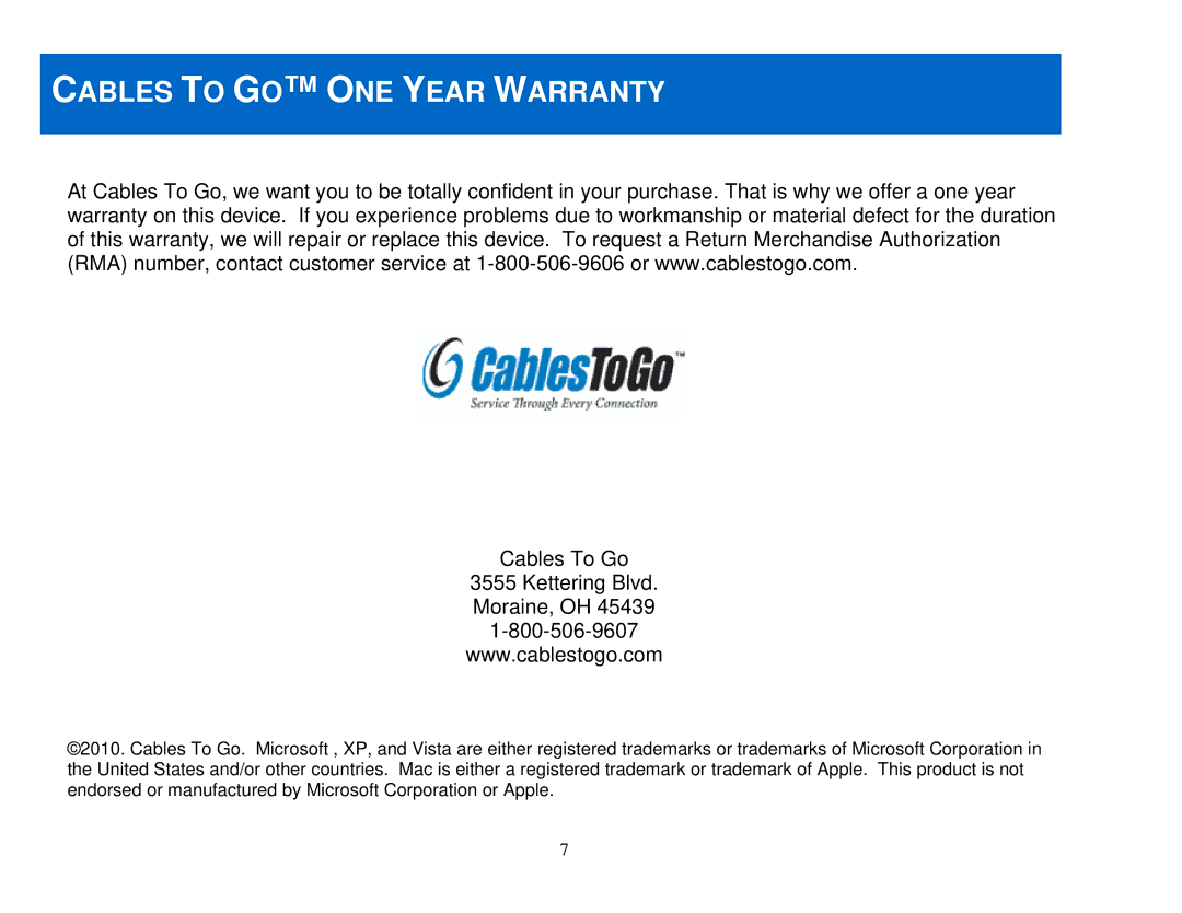 Cables to Go 29972 manual Cables to GO ONE Year Warranty, Cables To Go 