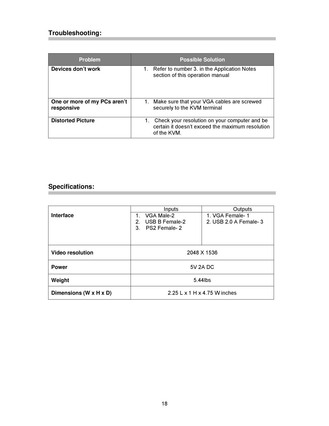 Cables to Go 35554 operation manual Troubleshooting, Specifications 