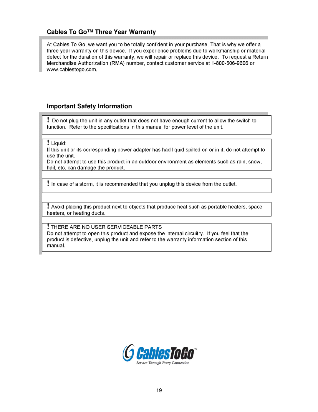 Cables to Go 35554 operation manual There are no User Serviceable Parts 