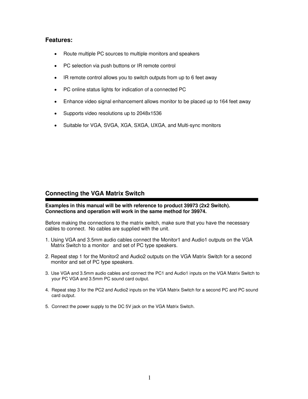 Cables to Go 39973, 39974 operation manual Features, Connecting the VGA Matrix Switch 