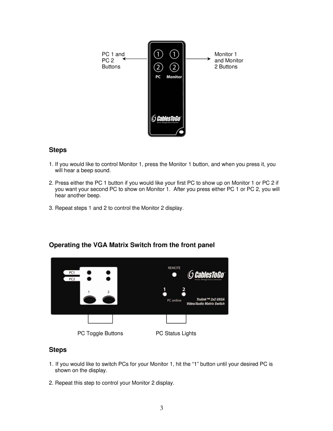 Cables to Go 39973, 39974 operation manual Steps, Operating the VGA Matrix Switch from the front panel 