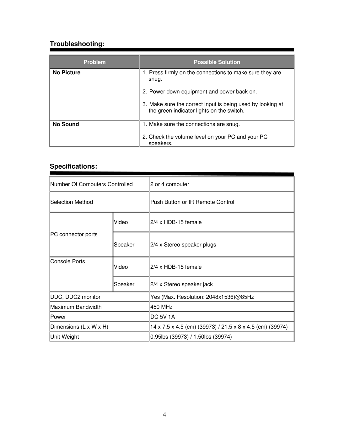 Cables to Go 39974, 39973 operation manual Troubleshooting, Specifications 