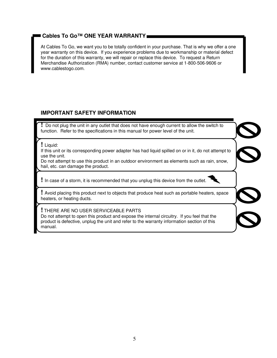 Cables to Go 39973, 39974 operation manual Cables To Go ONE Year Warranty, Important Safety Information 