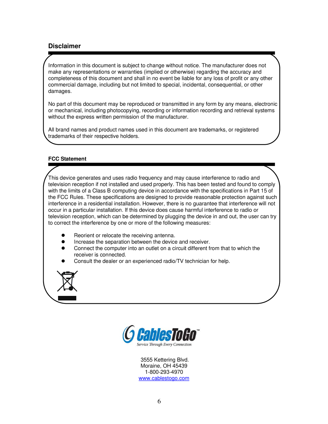 Cables to Go 39974, 39973 operation manual Disclaimer, FCC Statement 