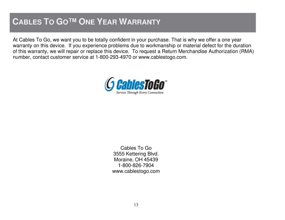 Cables to Go 39986 manual Cables to GO ONE Year Warranty 