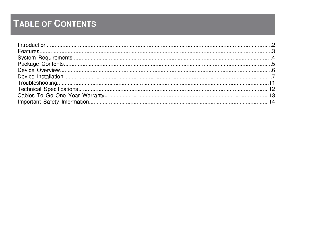 Cables to Go 39986 manual Table of Contents 