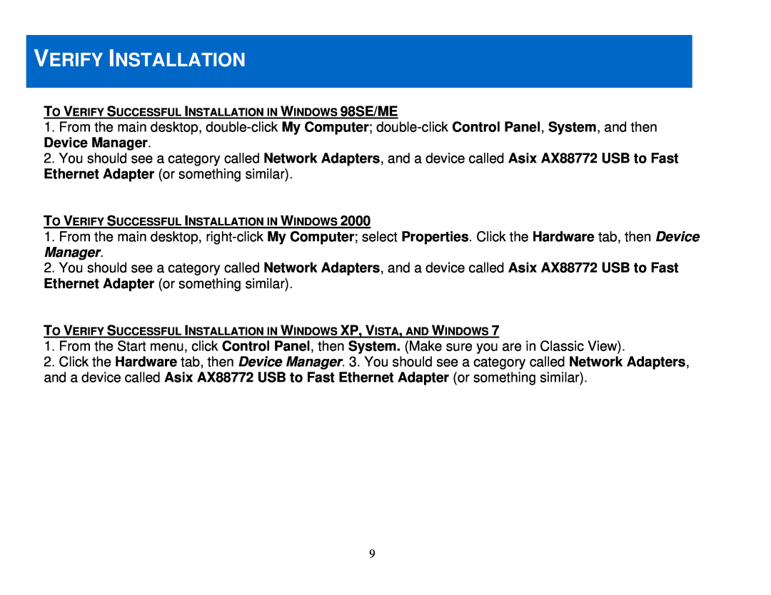 Cables to Go 39998 manual Verify Installation, TO VERIFY SUCCESSFUL INSTALLATION IN WINDOWS 98SE/ME 