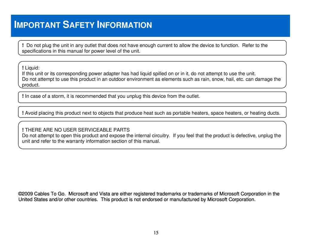 Cables to Go 39998 manual Important Safety Information 