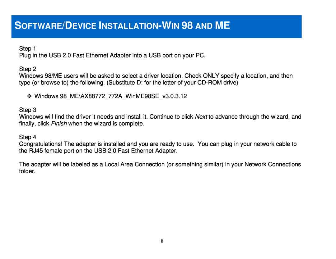 Cables to Go 39998 manual SOFTWARE/DEVICE INSTALLATION-WIN 98 AND ME 