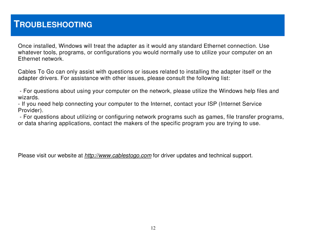 Cables to Go 39998 manual Troubleshooting 