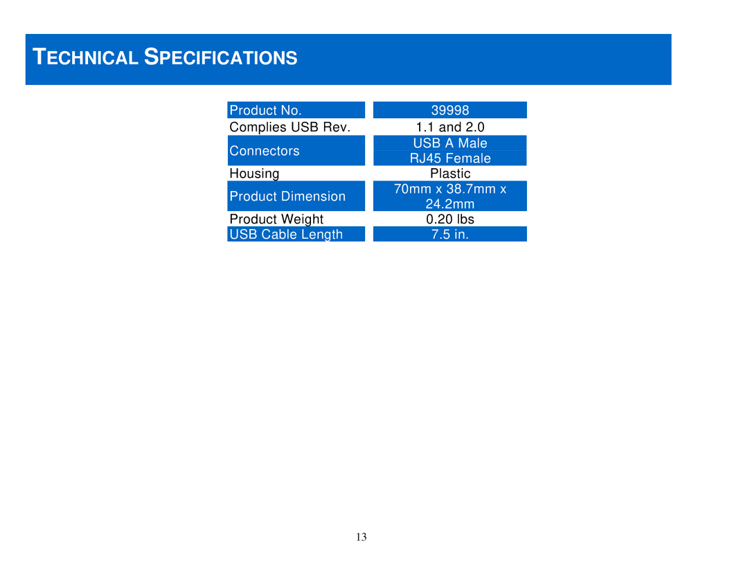 Cables to Go 39998 manual Technical Specifications 