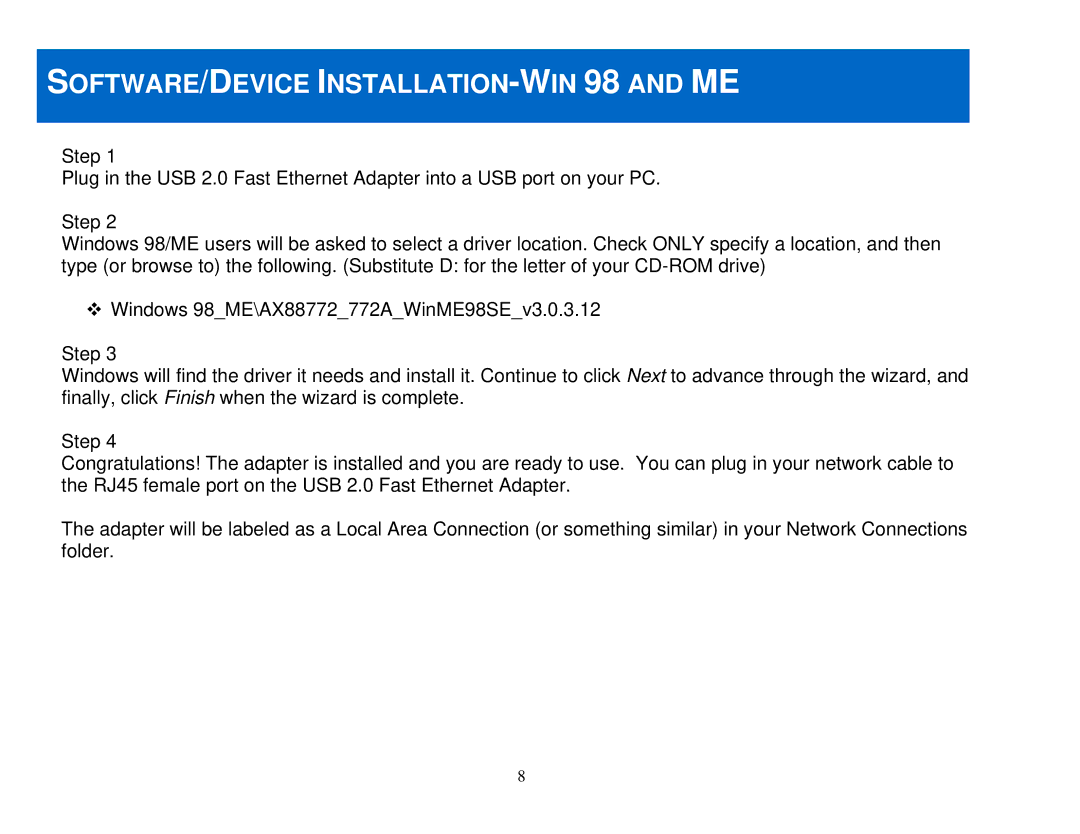 Cables to Go 39998 manual SOFTWARE/DEVICE INSTALLATION-WIN 98 and ME 