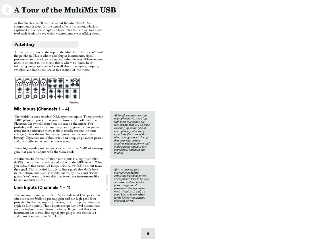 Cables to Go 8 manual Tour of the MultiMix USB, Patchbay, Mic Inputs Channels 1, Line Inputs Channels 1 