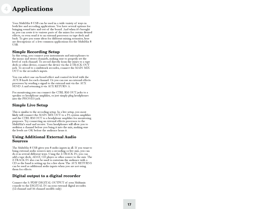 Cables to Go 8 manual Applications, Simple Recording Setup, Simple Live Setup, Using Additional External Audio Sources 