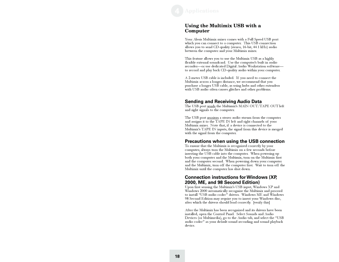 Cables to Go 8 manual Applications, Using the Multimix USB with a Computer, Sending and Receiving Audio Data 