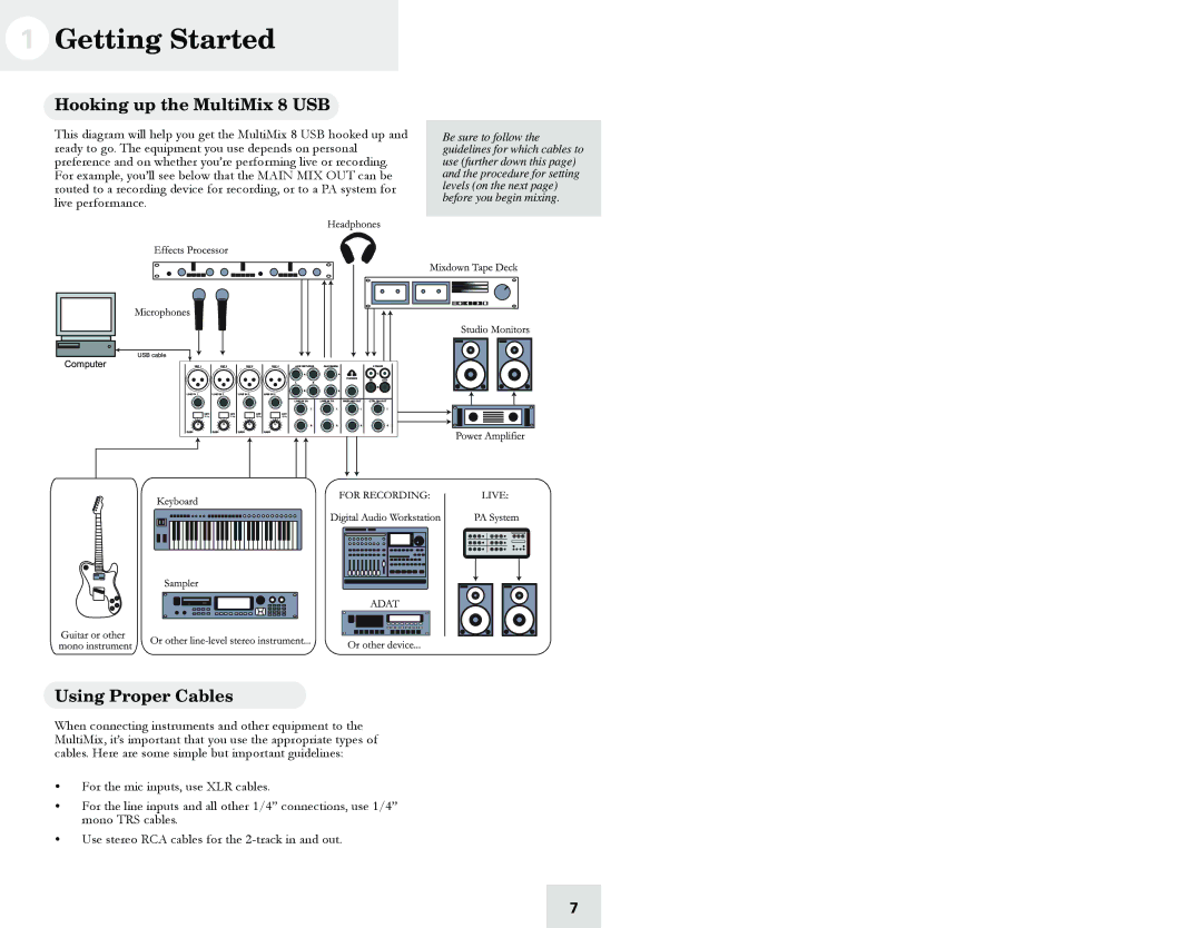 Cables to Go manual Getting Started, Hooking up the MultiMix 8 USB, Using Proper Cables 