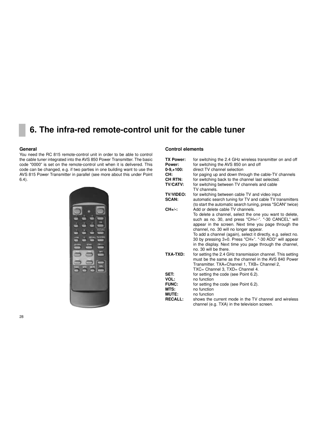 Cables to Go AVS815 manual Infra-red remote-control unit for the cable tuner, General, Control elements 