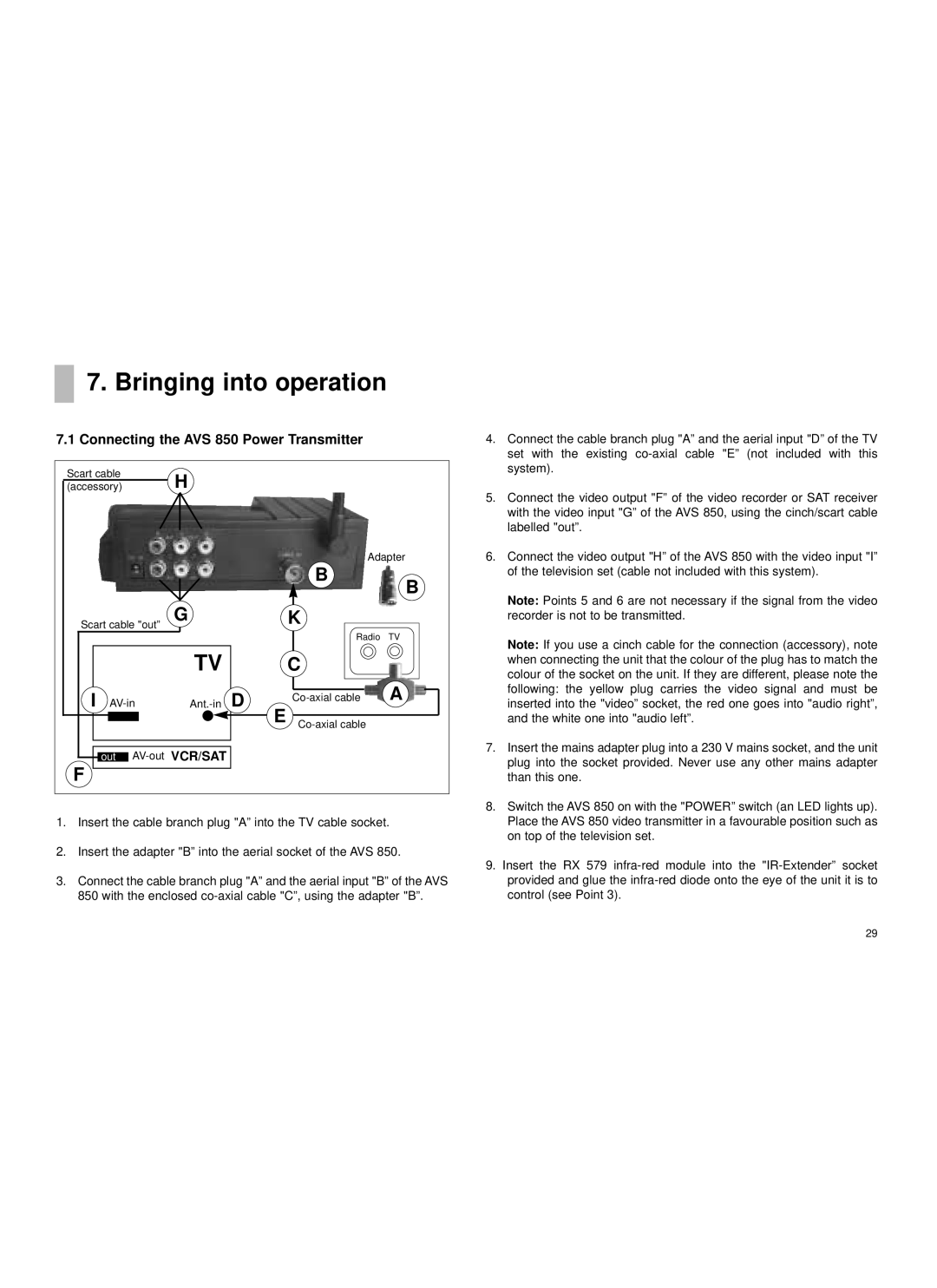 Cables to Go AVS815 manual Bringing into operation, Connecting the AVS 850 Power Transmitter 