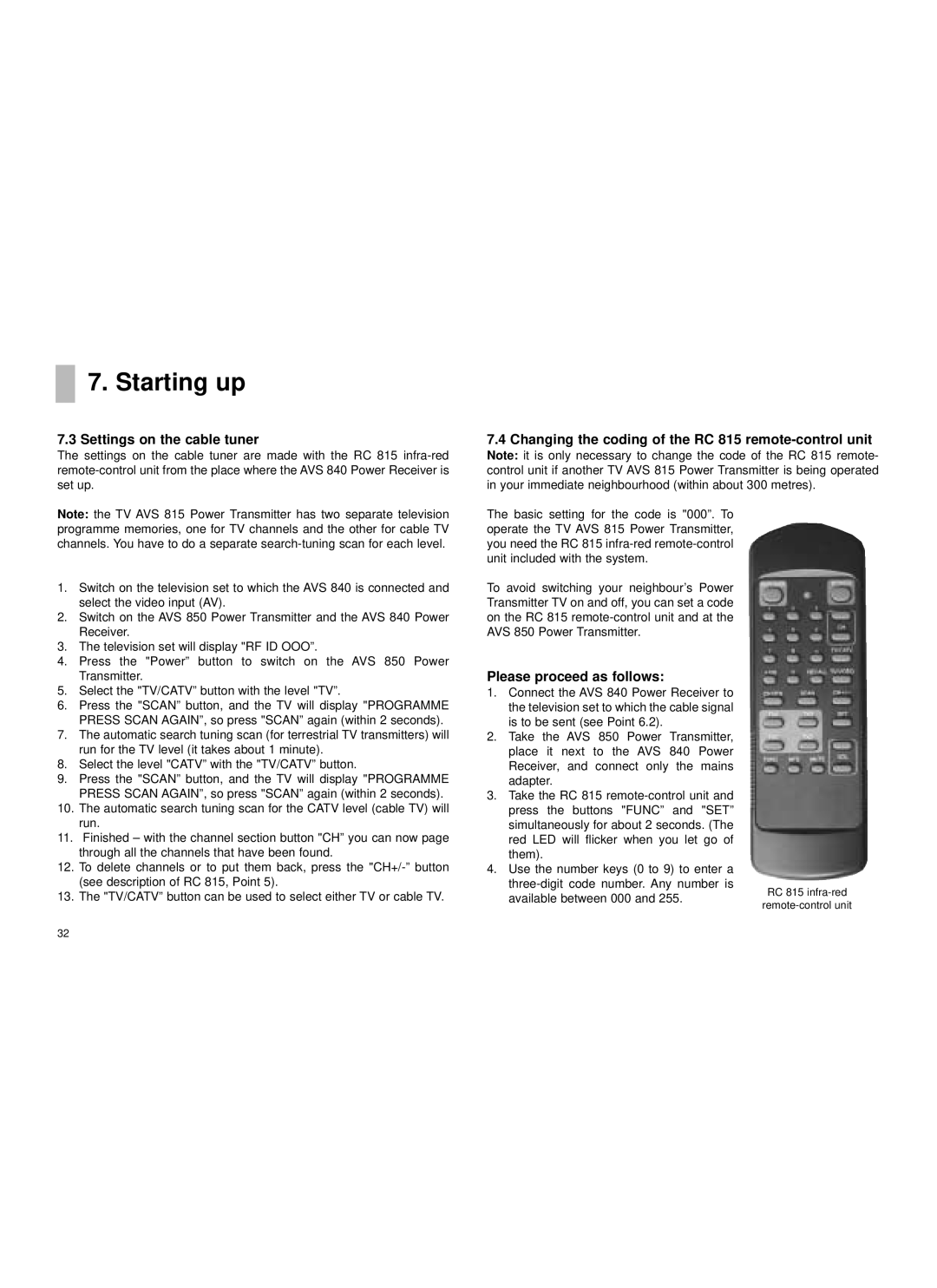 Cables to Go AVS815 manual Settings on the cable tuner, Changing the coding of the RC 815 remote-control unit 