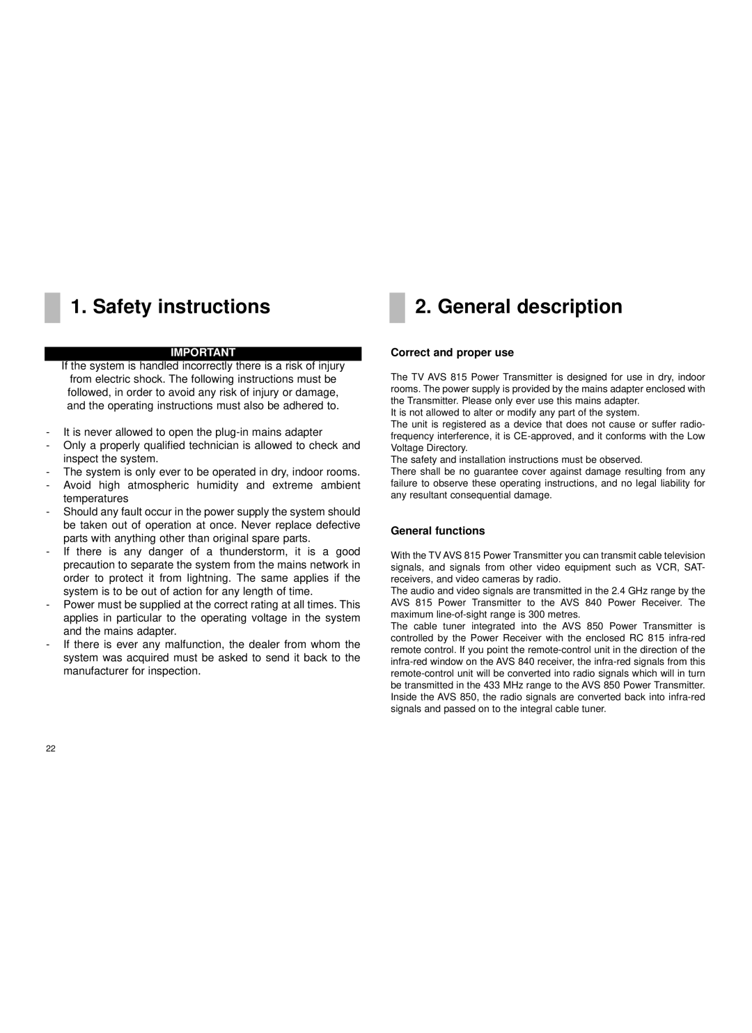 Cables to Go AVS815 manual Safety instructions, General description, Correct and proper use, General functions 