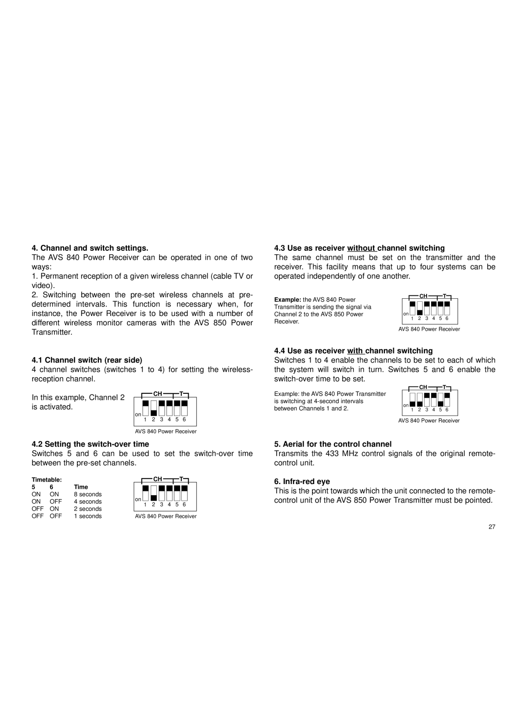 Cables to Go AVS815 manual Channel and switch settings, Use as receiver without channel switching, Channel switch rear side 