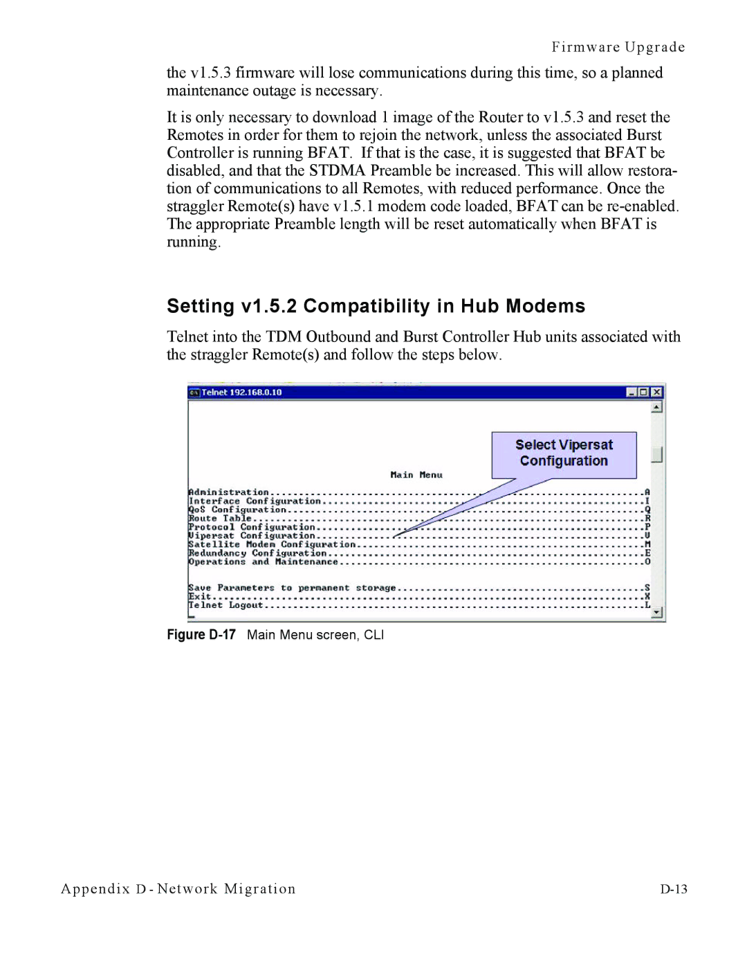 Cables to Go CDM-570L manual Setting v1.5.2 Compatibility in Hub Modems, Figure D-17Main Menu screen, CLI 