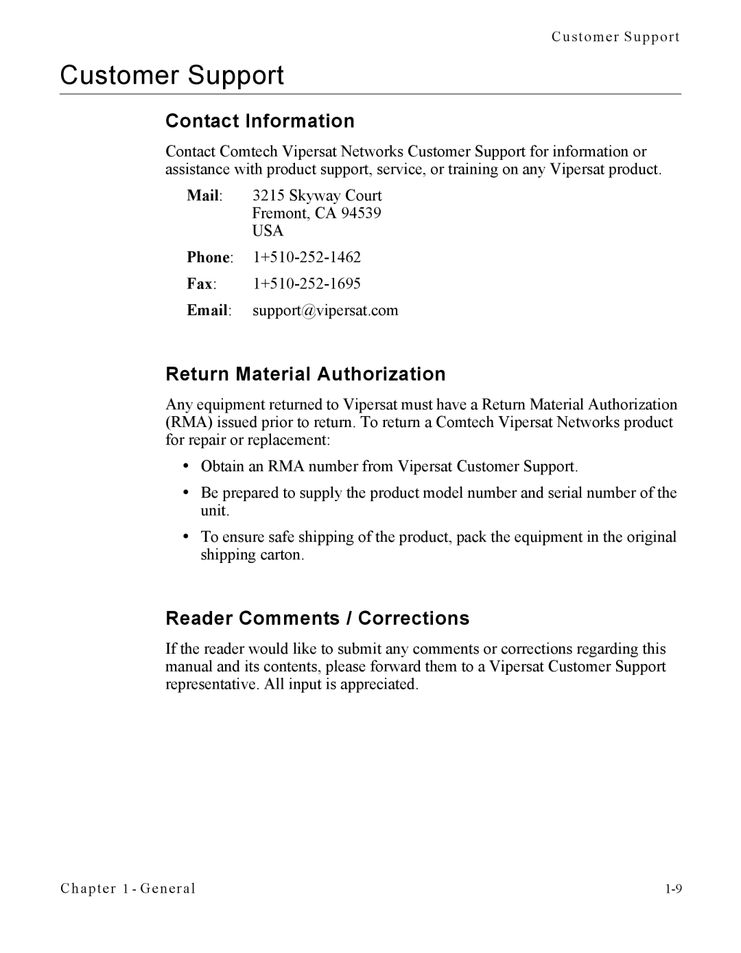 Cables to Go CDM-570 Customer Support, Contact Information, Return Material Authorization, Reader Comments / Corrections 