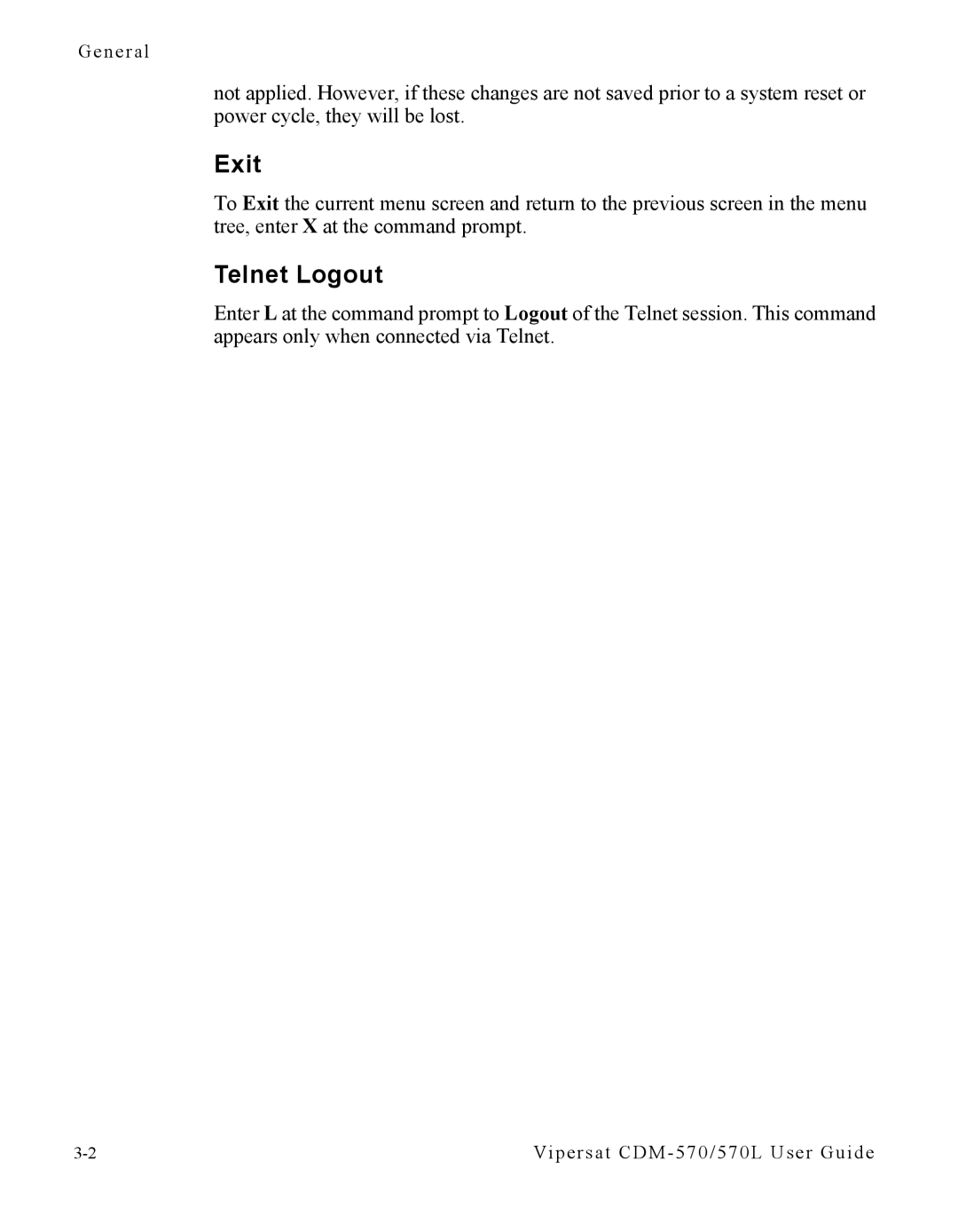 Cables to Go CDM-570L manual Exit, Telnet Logout 