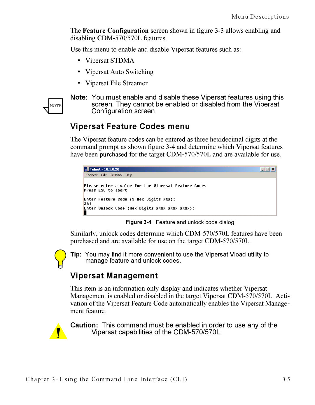 Cables to Go CDM-570L manual Vipersat Feature Codes menu, Vipersat Management 