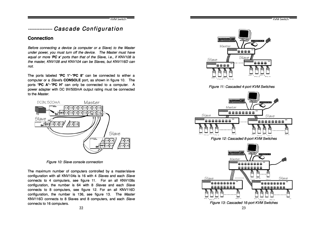 Cables to Go KNV108D, KNV104D Cascade Configuration, Connection, Slave console connection, Cascaded 4-port KVM Switches 