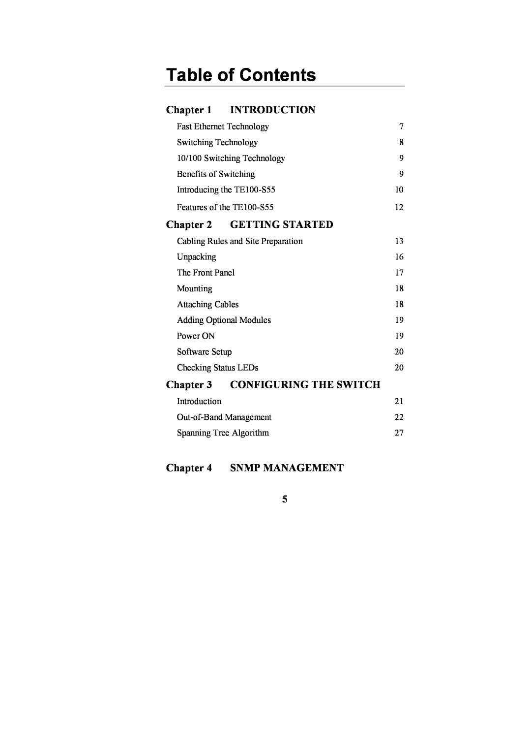 Cables to Go TE100-S55 Table of Contents, Chapter, Introduction, Getting Started, Configuring The Switch, Snmp Management 