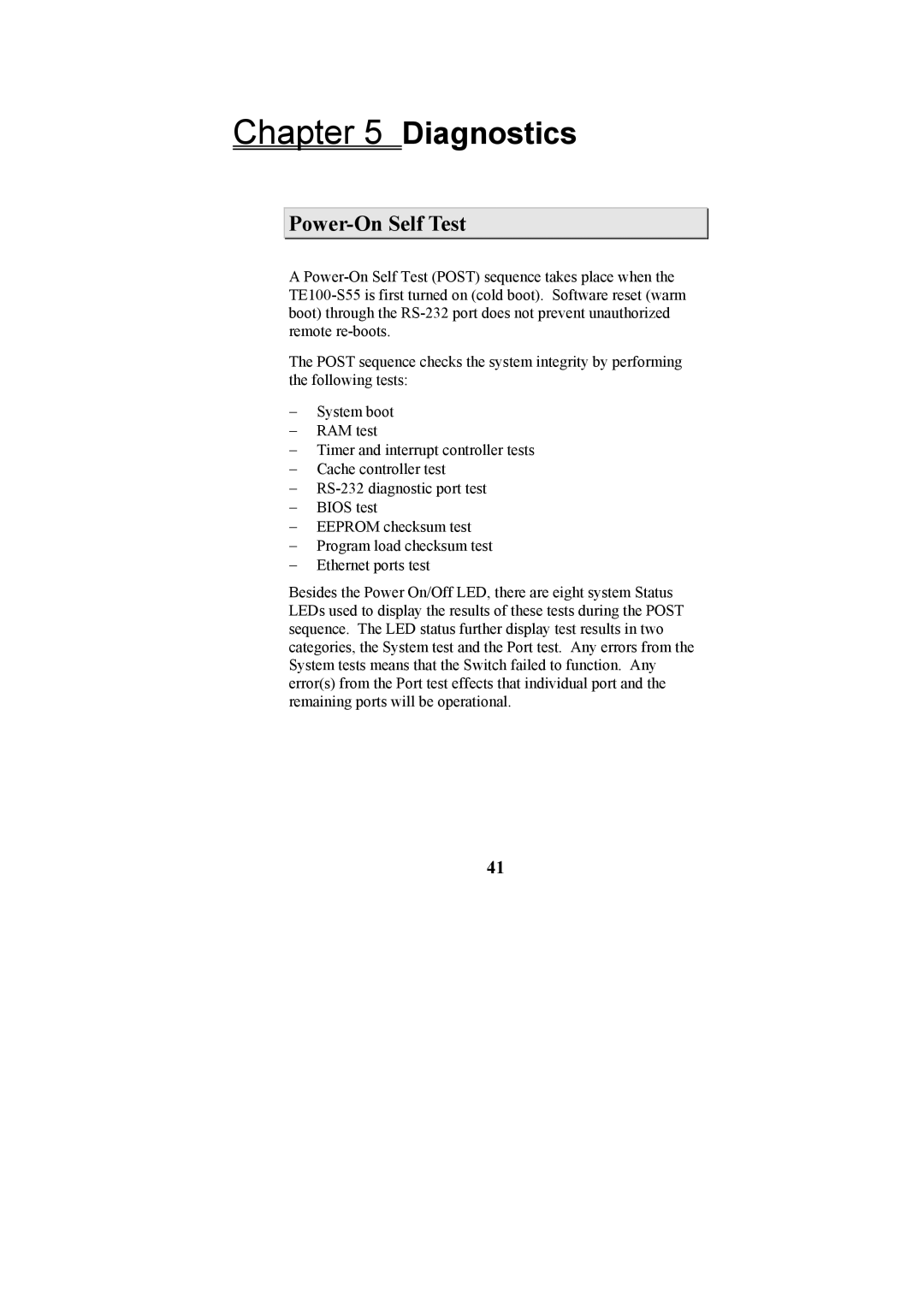 Cables to Go TE100-S55 manual Diagnostics, Power-On Self Test 