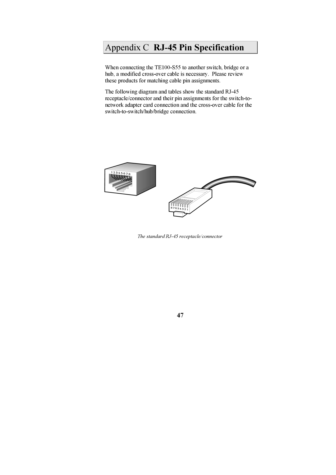 Cables to Go TE100-S55 manual Appendix C RJ-45 Pin Specification 