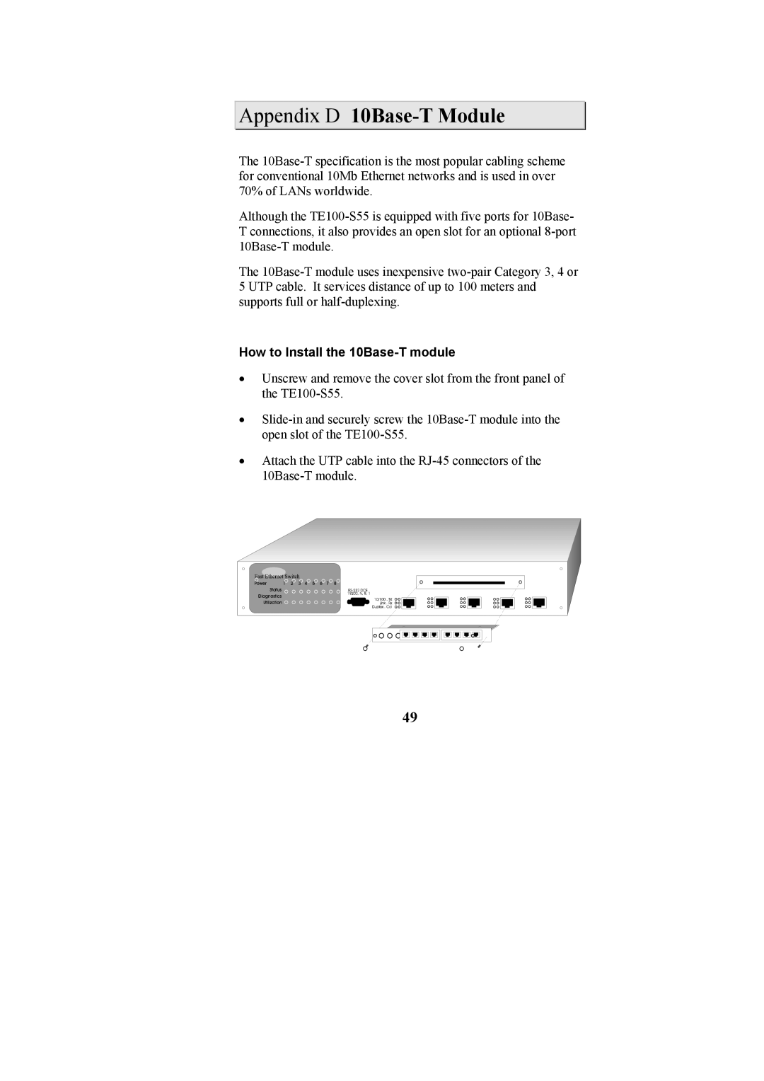 Cables to Go TE100-S55 manual Appendix D 10Base-T Module 