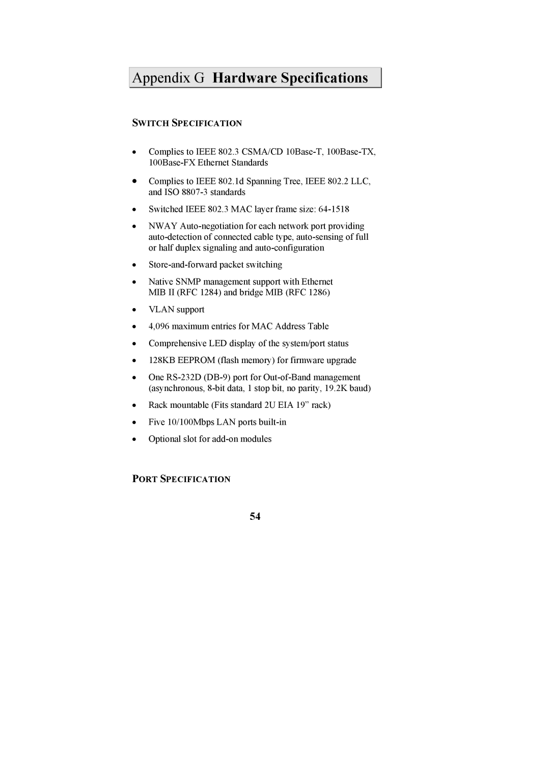 Cables to Go TE100-S55 manual Switch Specification, Port Specification 