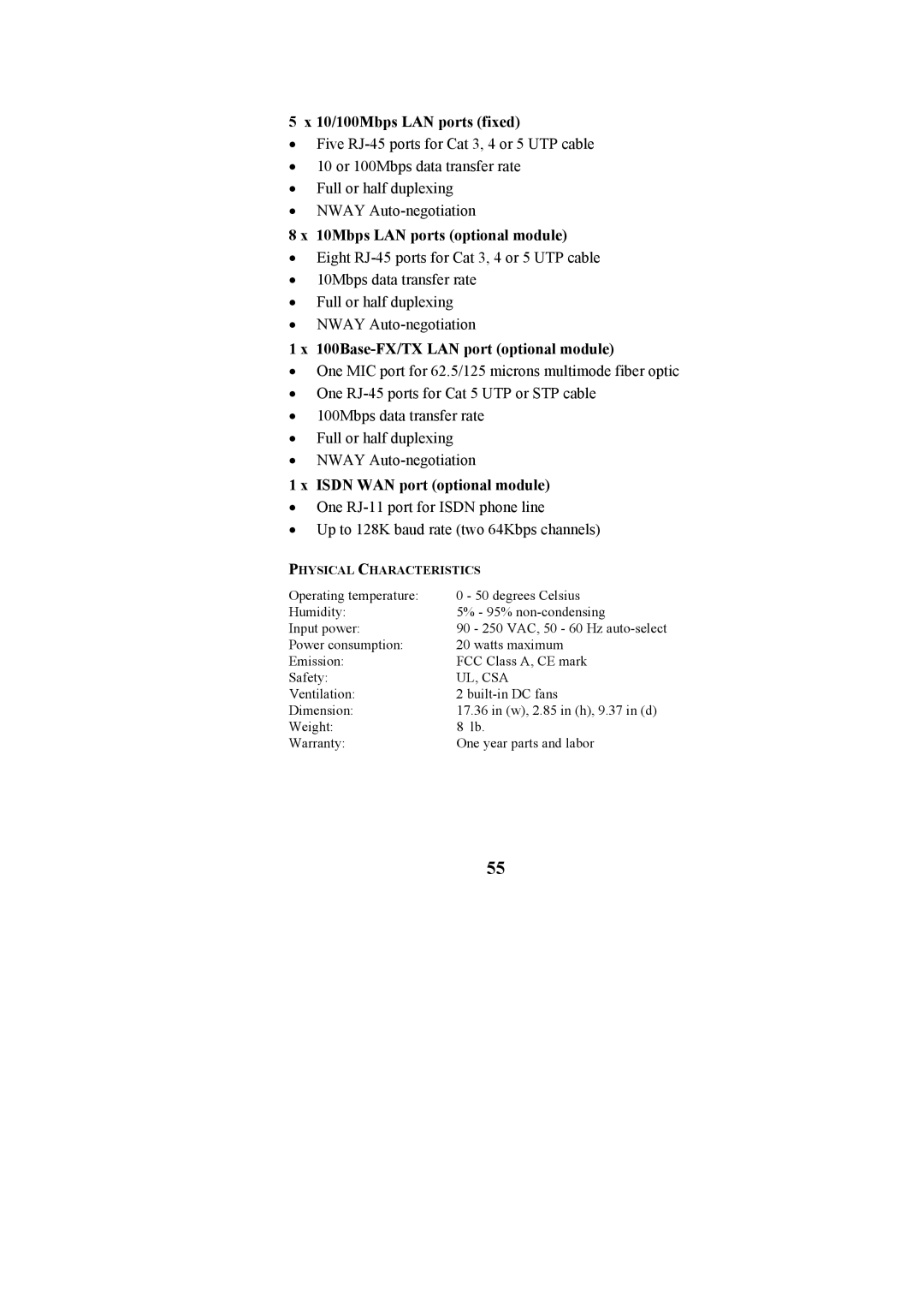 Cables to Go TE100-S55 manual 10/100Mbps LAN ports fixed 